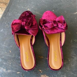Qupid Velvet Flats with Bow - Deep Red